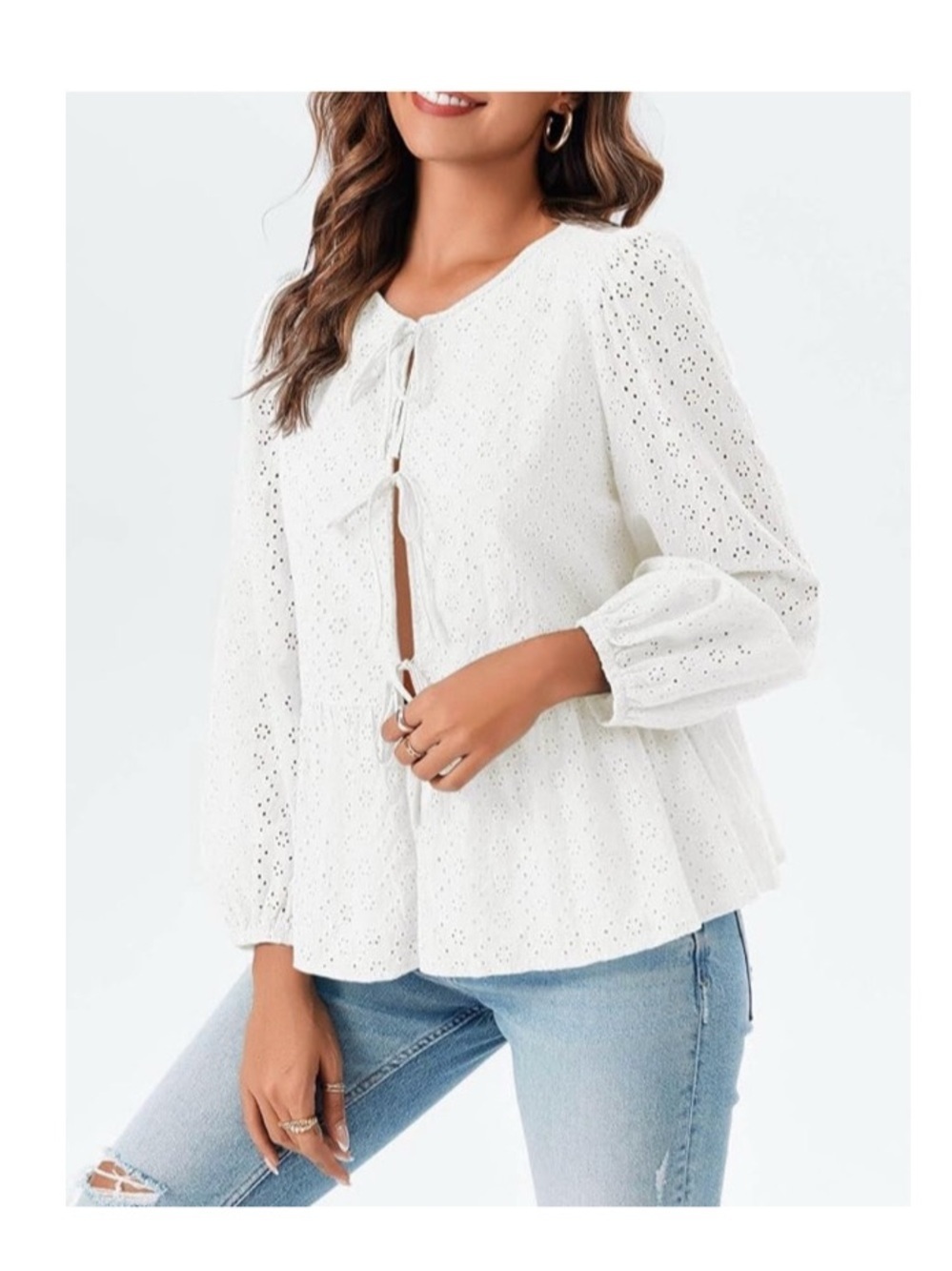 Eyelet Tie-Front White Peplum Top Size Medium - Picture 3 of 7
